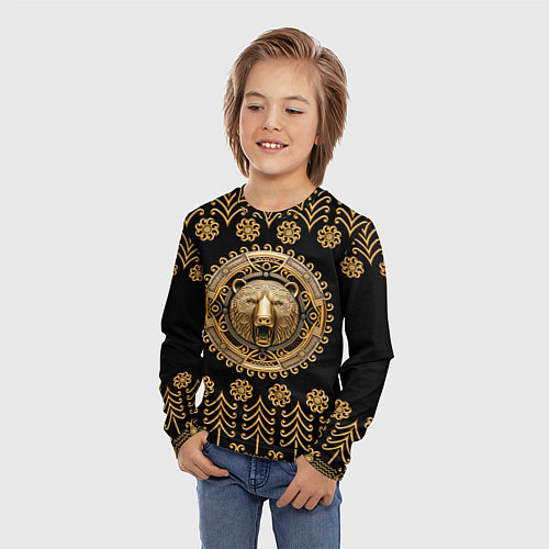 Детский лонгслив Медведь золотой барельеф с этническим орнаментом / 3D-принт – фото 3