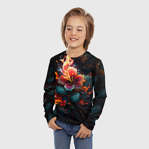 Детский лонгслив Огненный цветок на темном фоне / 3D-принт – фото 3