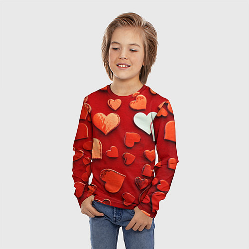 Детский лонгслив Красные сердца на красном фоне / 3D-принт – фото 3