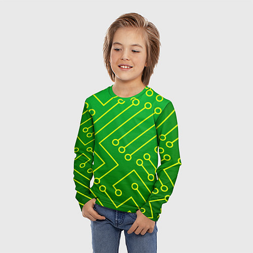 Детский лонгслив Технический зелёный паттерн с жёлтыми лучами / 3D-принт – фото 3