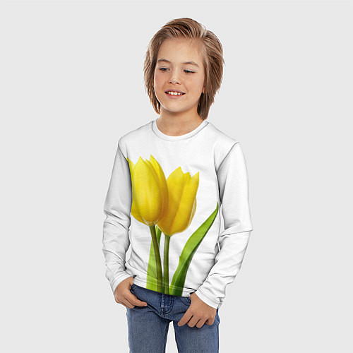Детский лонгслив Желтые тюльпаны на белом / 3D-принт – фото 3