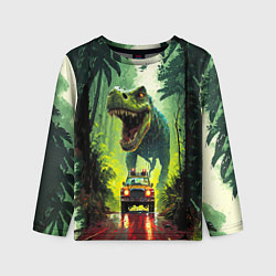 Лонгслив детский Динозавр в погоне за машиной в джунглях, цвет: 3D-принт