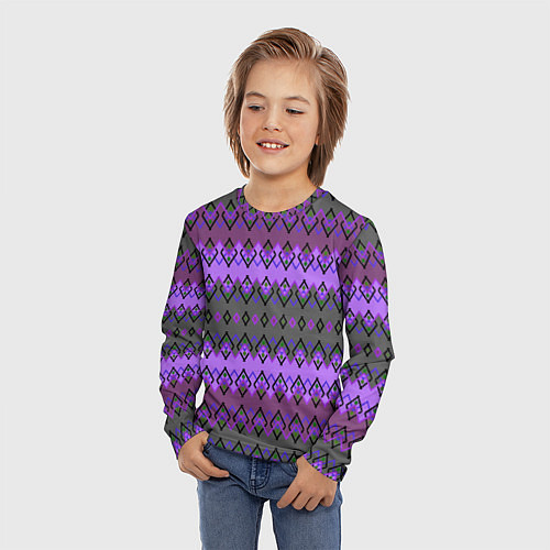 Детский лонгслив Серо-фиолетовый этнический геометрический узор / 3D-принт – фото 3