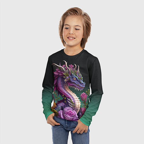Детский лонгслив Неоновый дракон с цветами / 3D-принт – фото 3