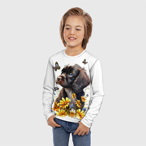Детский лонгслив Черный щенок и жёлтые полевые цветы / 3D-принт – фото 3