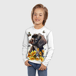 Лонгслив детский Черный щенок и жёлтые полевые цветы, цвет: 3D-принт — фото 2