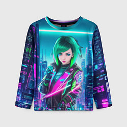 Лонгслив детский Девушка с зелеными волосами киберпанк, цвет: 3D-принт