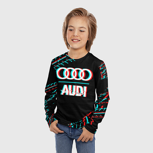 Детский лонгслив Значок Audi в стиле glitch на темном фоне / 3D-принт – фото 3
