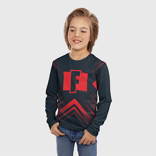 Детский лонгслив Красный символ Fortnite на темном фоне со стрелкам / 3D-принт – фото 3