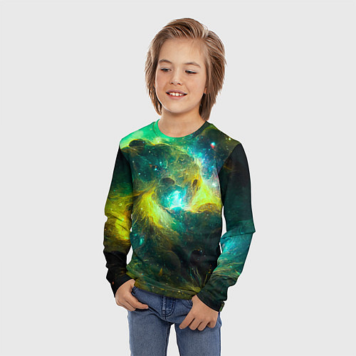 Детский лонгслив Небула в космосе в зеленых тонах - нейронная сеть / 3D-принт – фото 3