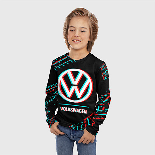 Детский лонгслив Значок Volkswagen в стиле glitch на темном фоне / 3D-принт – фото 3