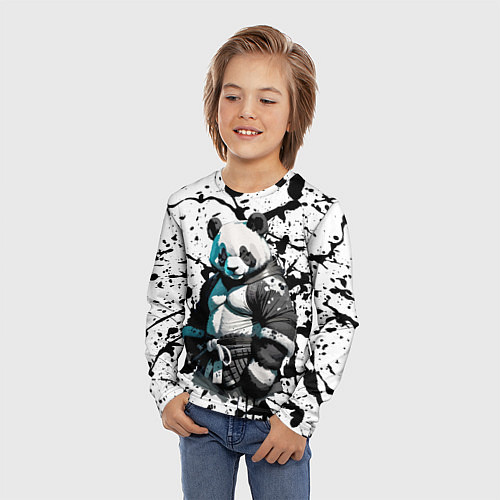 Детский лонгслив Panda samurai on the background of blots / 3D-принт – фото 3