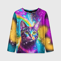 Лонгслив детский Полосатый кот с разноцветной звездной туманностью, цвет: 3D-принт