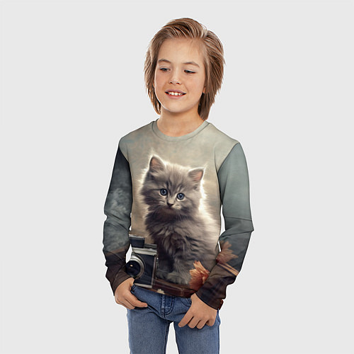 Детский лонгслив Серый котенок, винтажное фото / 3D-принт – фото 3