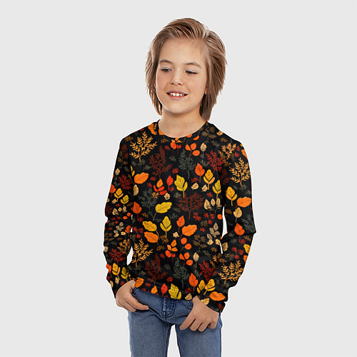 Детский лонгслив Осенние листья на черном фоне / 3D-принт – фото 3