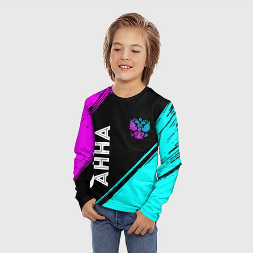 Детский лонгслив Анна и неоновый герб России: надпись, символ / 3D-принт – фото 3