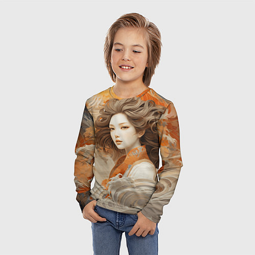 Детский лонгслив Японская девушка и волны океана / 3D-принт – фото 3