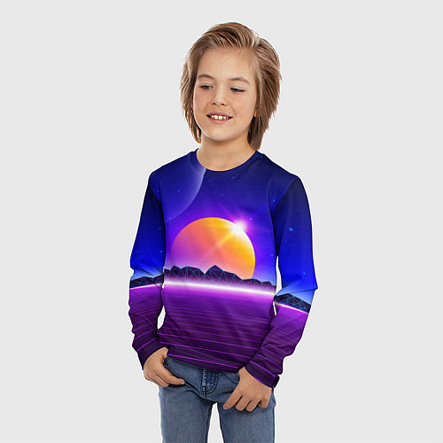 Детский лонгслив Mountains - sun - space - vaporwave / 3D-принт – фото 3
