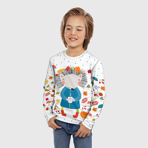 Детский лонгслив Милый ежик в осенних листьях / 3D-принт – фото 3