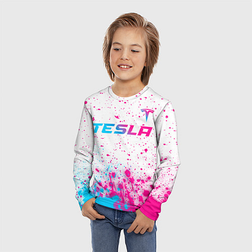 Детский лонгслив Tesla neon gradient style: символ сверху / 3D-принт – фото 3