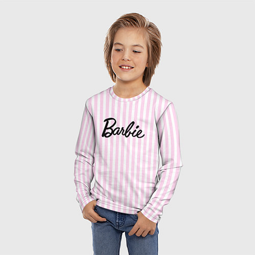 Детский лонгслив Barbie - классическая розово-белая полоска / 3D-принт – фото 3