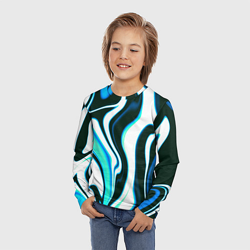 Детский лонгслив Абстракция искажение белое с зелёным / 3D-принт – фото 3