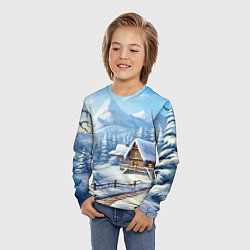 Лонгслив детский Новогодняя зимняя деревня, цвет: 3D-принт — фото 2
