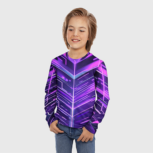 Детский лонгслив Фиолетовые неон полосы киберпанк / 3D-принт – фото 3