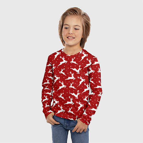 Детский лонгслив Красный паттерн с новогодними оленями / 3D-принт – фото 3