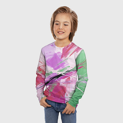 Детский лонгслив Зеленые и розовые мазки краски / 3D-принт – фото 3