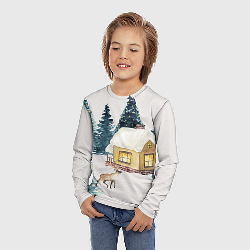 Детский лонгслив Зимний дом в лесу с оленем / 3D-принт – фото 3