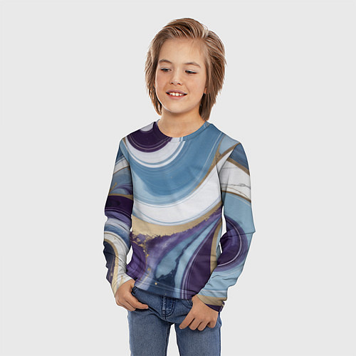 Детский лонгслив Абстрактный волнистый узор фиолетовый с голубым / 3D-принт – фото 3