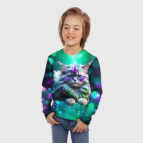 Детский лонгслив Пушистый котенок в бирюзово фиолетовом боке / 3D-принт – фото 3