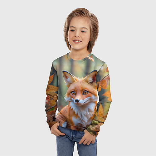 Детский лонгслив Портрет лисы в осеннем лесу / 3D-принт – фото 3