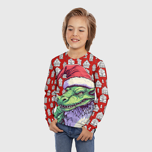 Детский лонгслив Большой зеленый новогодний дракон / 3D-принт – фото 3