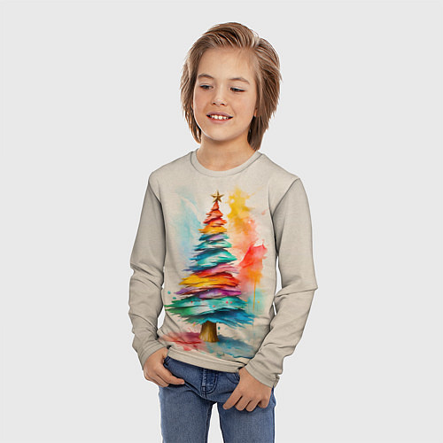 Детский лонгслив Новогодняя ель акварелью на холсте / 3D-принт – фото 3