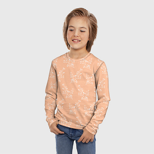 Детский лонгслив Белые ветки на персиковом фоне / 3D-принт – фото 3