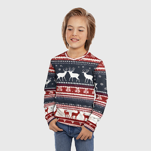 Детский лонгслив Олени белые и красные свитер новогодний / 3D-принт – фото 3