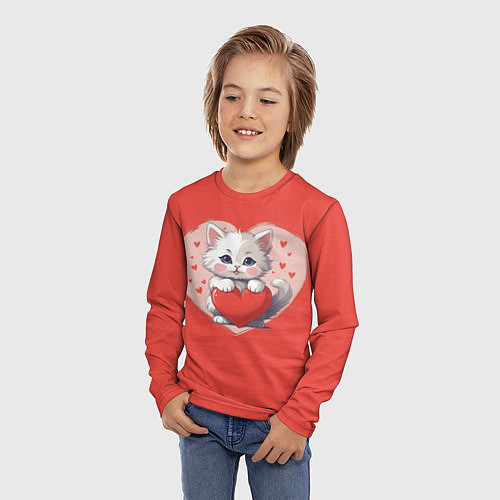 Детский лонгслив Мультяшный котенок держит красное сердечко / 3D-принт – фото 3
