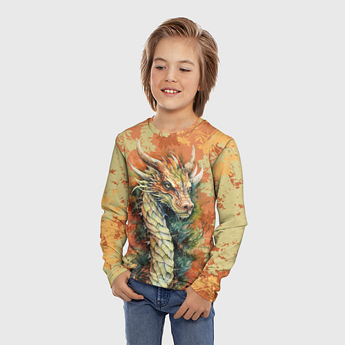 Детский лонгслив Зеленый древесный дракон с листьями / 3D-принт – фото 3