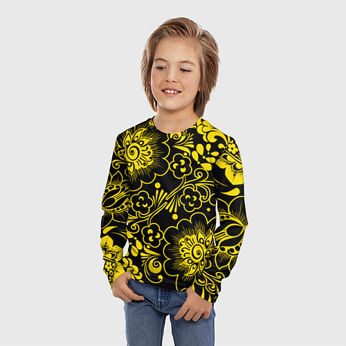 Детский лонгслив Хохломская роспись золотые цветы на чёроном фоне / 3D-принт – фото 3