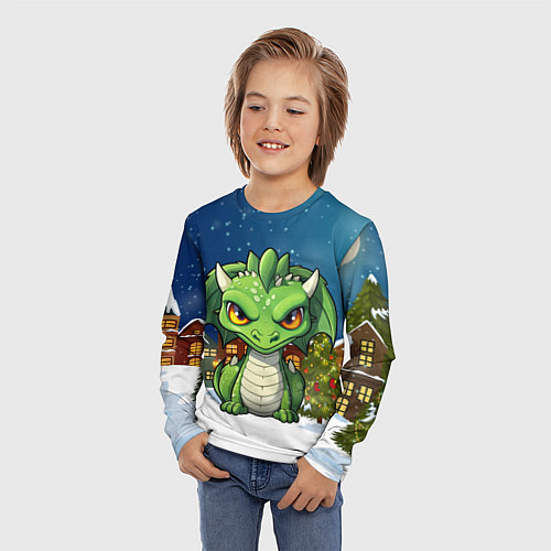 Детский лонгслив Зеленый дракон на фоне города / 3D-принт – фото 3