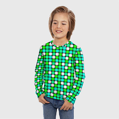 Детский лонгслив Зелёные и белые квадраты / 3D-принт – фото 3