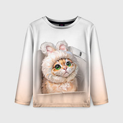 Лонгслив детский Милый кот-мем в шапке с ушками - бежевый градиент, цвет: 3D-принт