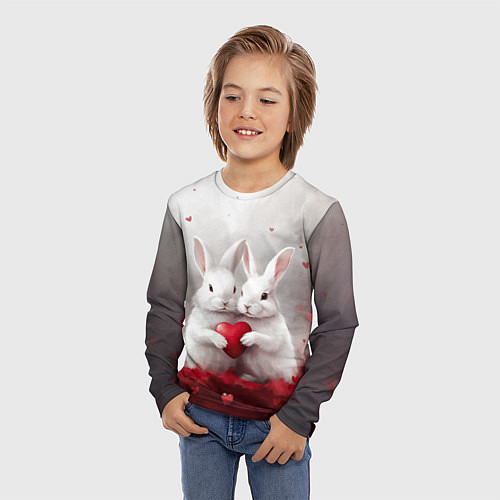Детский лонгслив Белые кролики с сердцем / 3D-принт – фото 3
