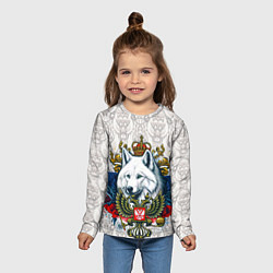 Лонгслив детский Белый русский волк и герб России, цвет: 3D-принт — фото 2