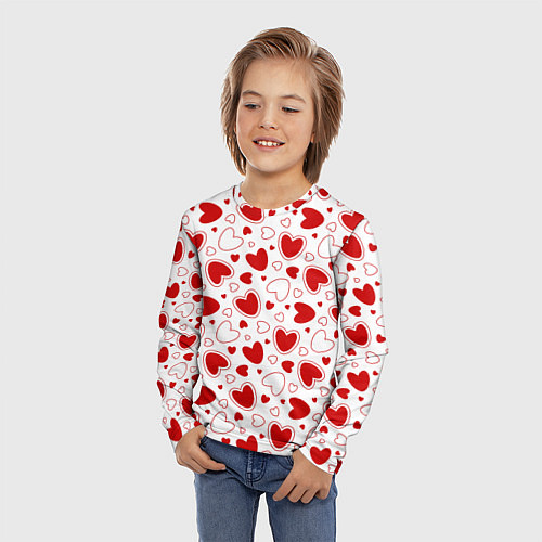 Детский лонгслив Красные сердечки на белом фоне / 3D-принт – фото 3