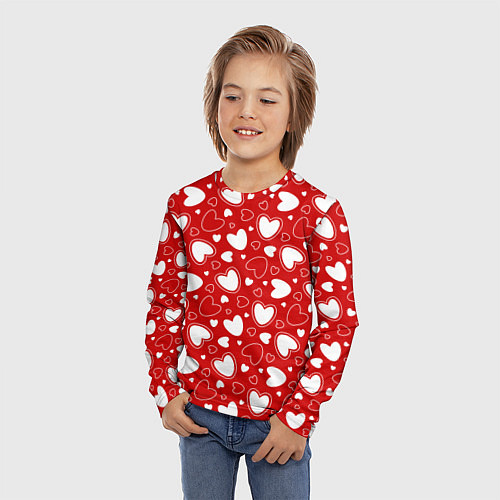 Детский лонгслив Белые сердечки на красном фоне / 3D-принт – фото 3