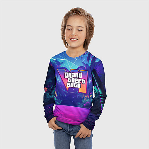 Детский лонгслив Gta 6 логотип в стиле ночного vice city / 3D-принт – фото 3