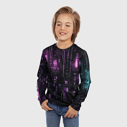 Детский лонгслив Киберпанк светящиеся фиолетовые элементы / 3D-принт – фото 3
